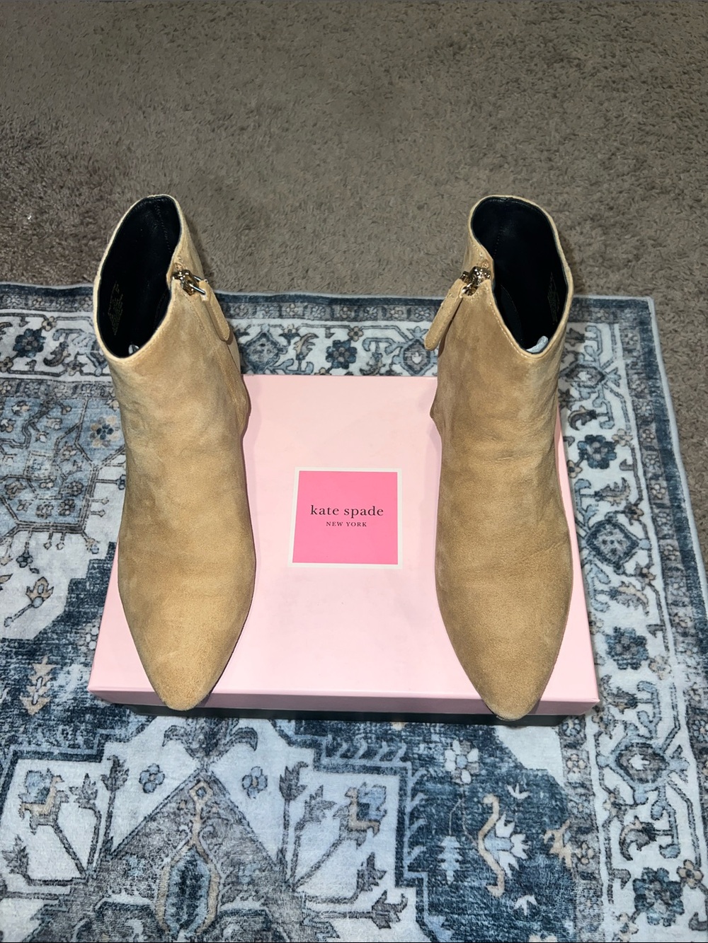 kate spade Tan Suede Pointed-Toe Ankle Booties with Side Zipper